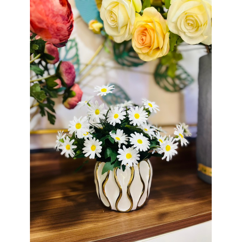 Hoa lụa nhập khẩu. bình hoa cúc hoạ mi để bàn. 30-35cm cao