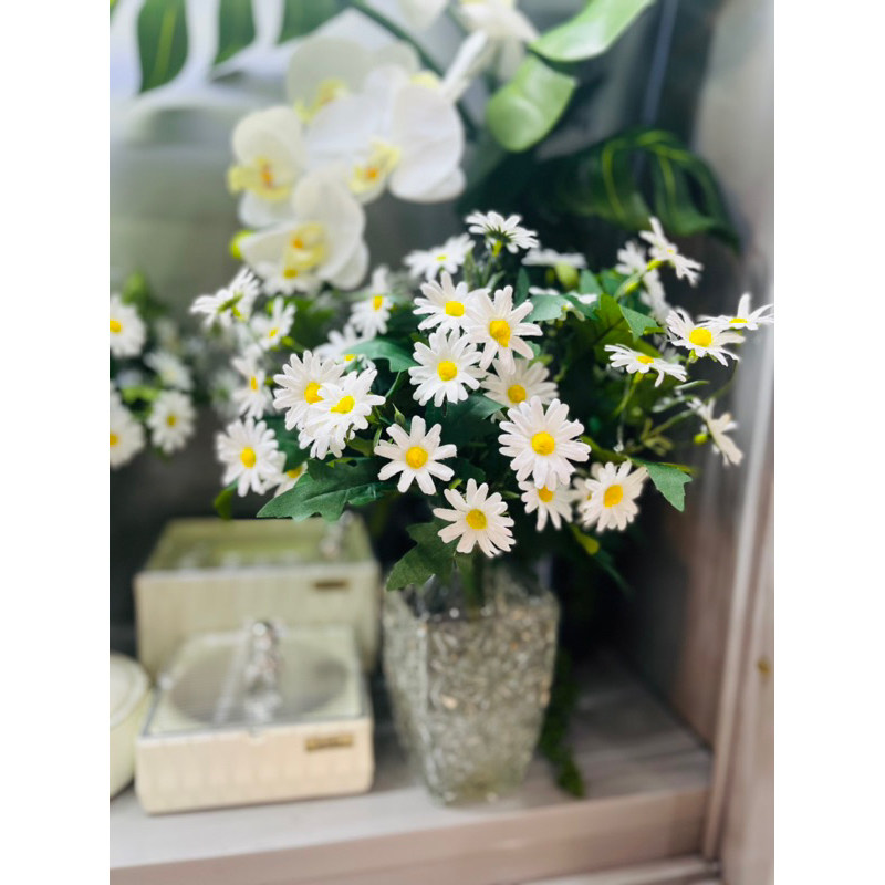 Hoa lụa nhập khẩu. bình hoa cúc hoạ mi để bàn. 30-35cm cao