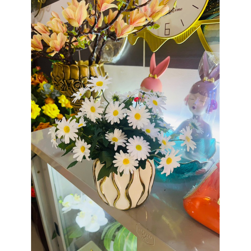 Hoa lụa nhập khẩu. bình hoa cúc hoạ mi để bàn. 30-35cm cao