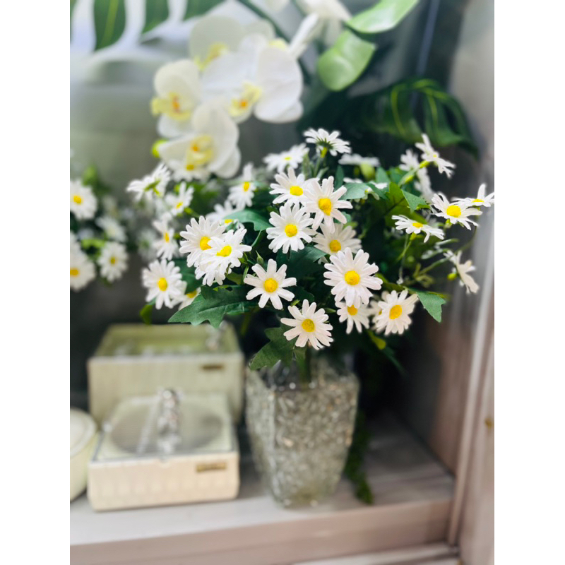 Hoa lụa nhập khẩu. bình hoa cúc hoạ mi để bàn. 30-35cm cao