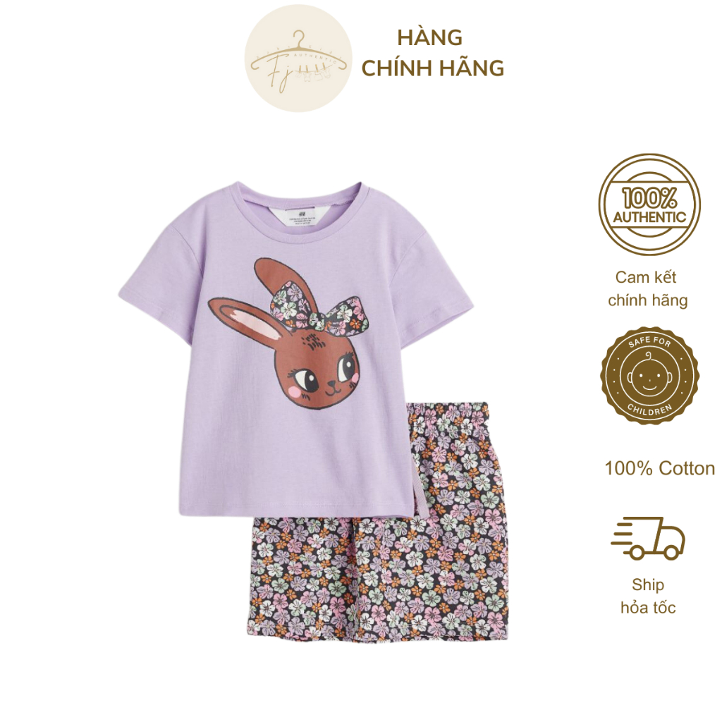 Bộ chân váy bé gái chính hãng HM, đồ bộ chân váy hoa nhí kèm áo thun tím chất cotton cho bé 18 tháng đến 10 tuổi Auth