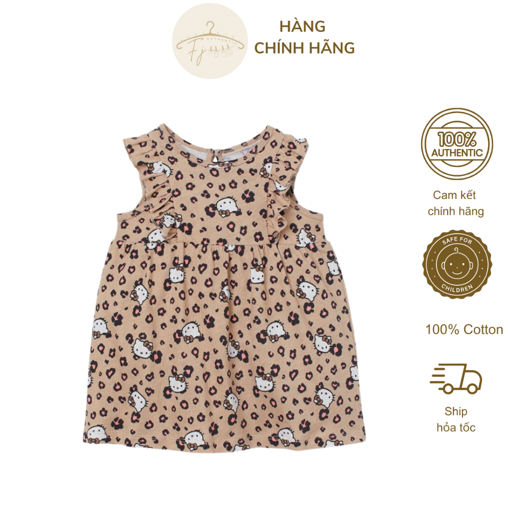 Váy bé gái chính hãng HM, đầm mùa hè beo cánh tiên họa tiết mèo chất cotton đẹp cho bé 6 tháng đến 24 tháng tuổi Auth