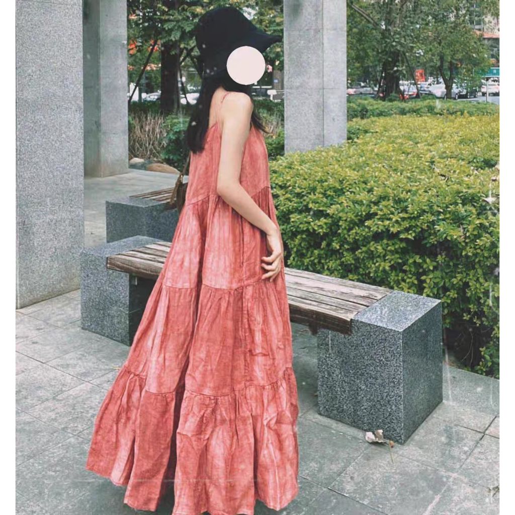 Váy hai dây babydoll MORAN maxi xòe dài dập viền màu hồng đậm điệu đà vintage Hàn Quốc
