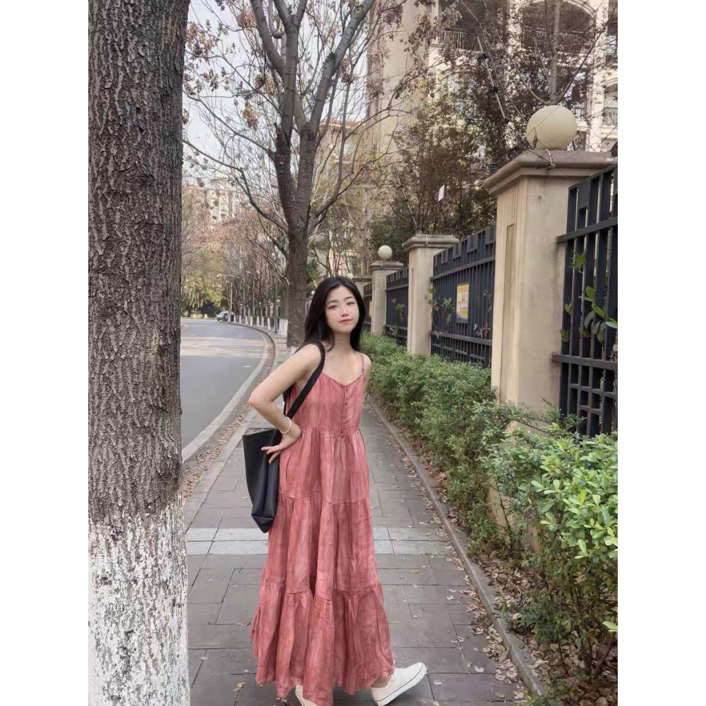 Váy hai dây babydoll MORAN maxi xòe dài dập viền màu hồng đậm điệu đà vintage Hàn Quốc