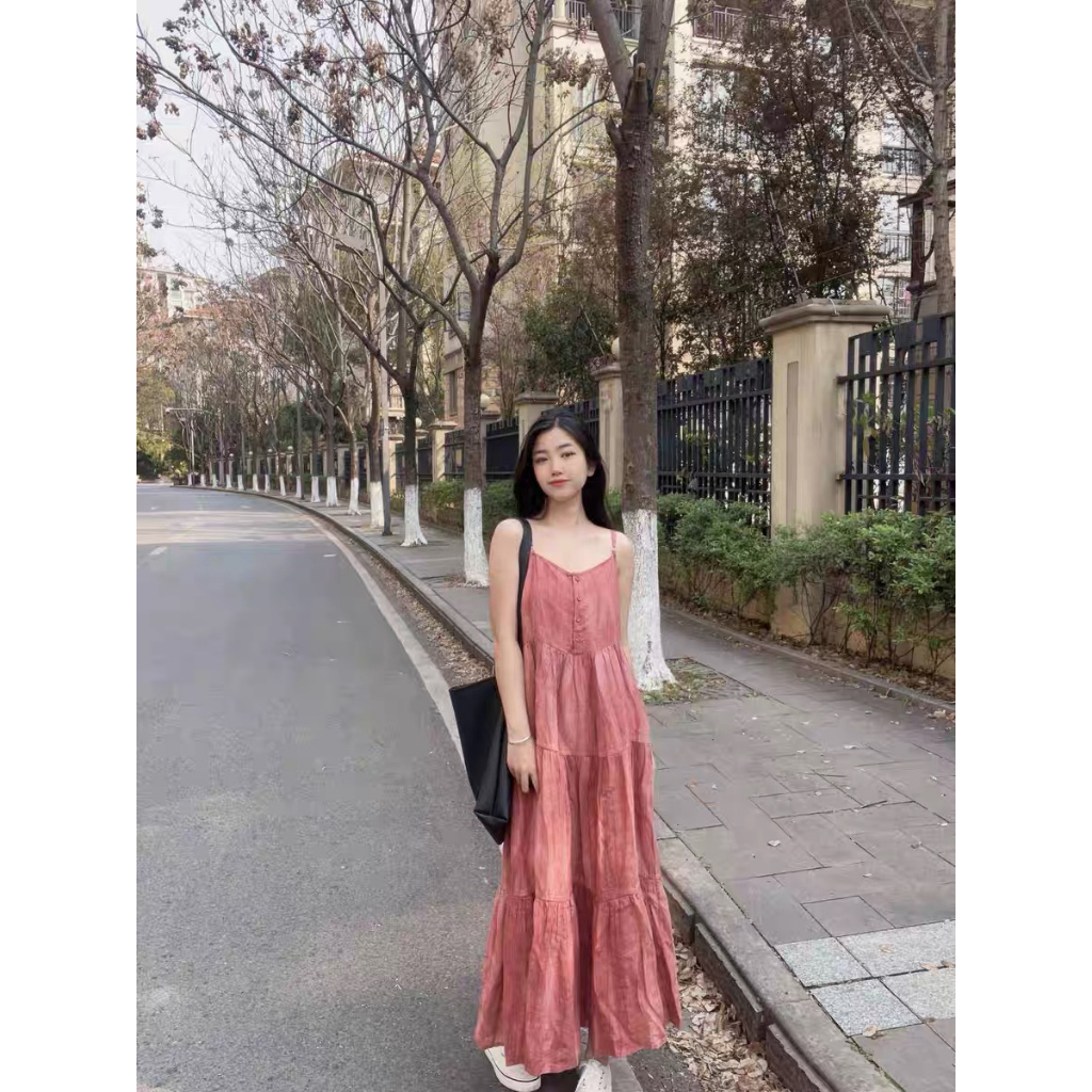 Váy hai dây babydoll MORAN maxi xòe dài dập viền màu hồng đậm điệu đà vintage Hàn Quốc