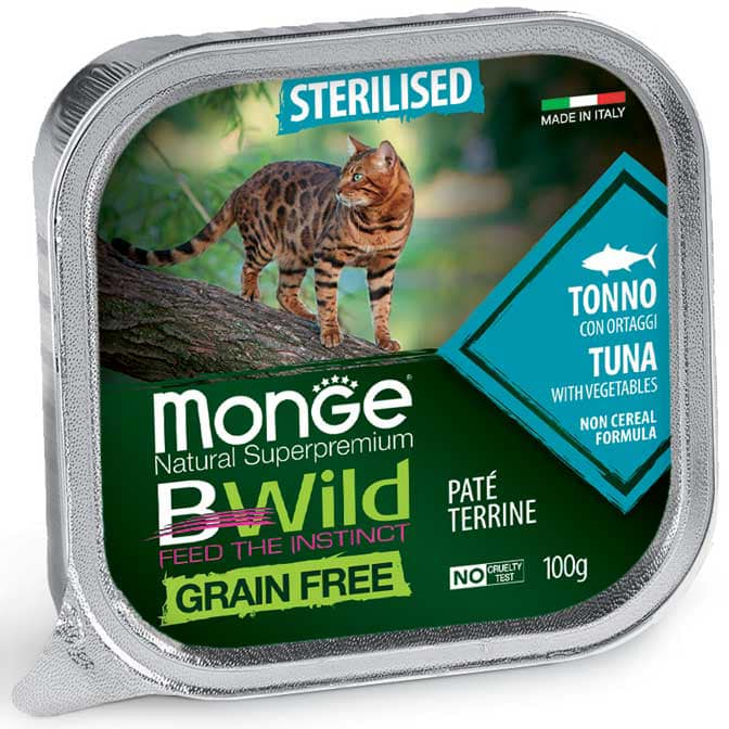 PATE MONGE BWild CAO CẤP CHO MÈO TỪ Ý Hộp 100g,bổ sung đạm thịt,rau và chất xơ,chống táo bón..