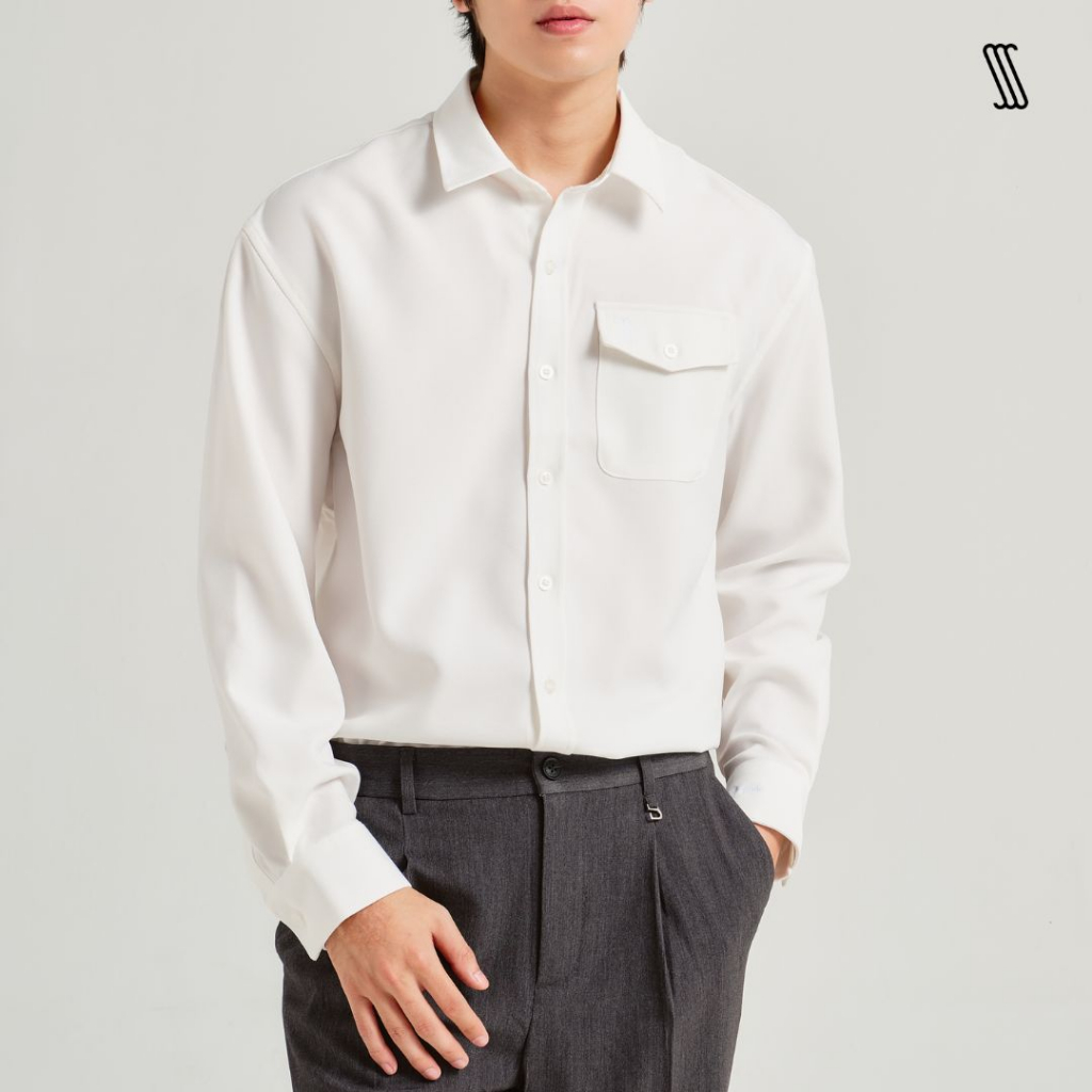 Áo sơ mi cổ đức tay dài có túi nam SSSTUTTER dáng regular thoáng mát đứng form POCKET SHIRT