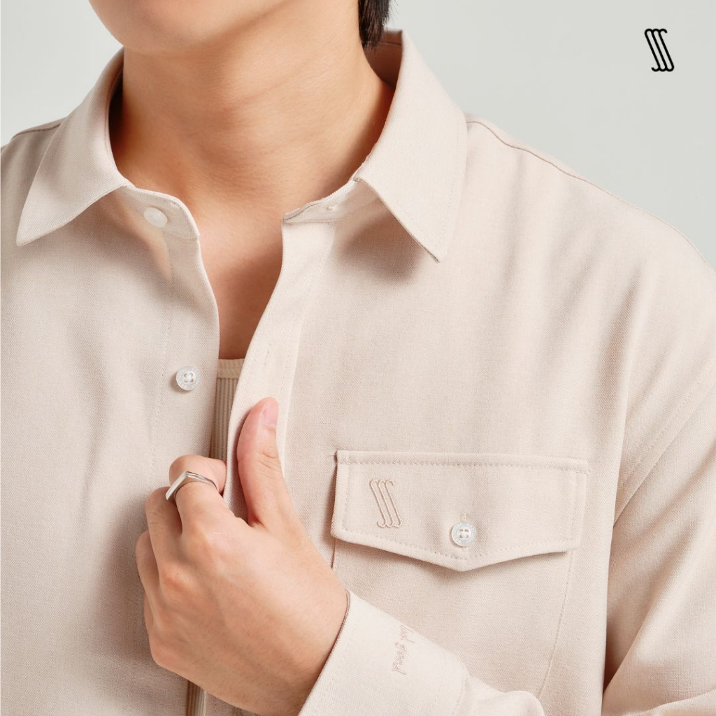 Áo sơ mi cổ đức tay dài có túi nam SSSTUTTER dáng regular thoáng mát đứng form POCKET SHIRT