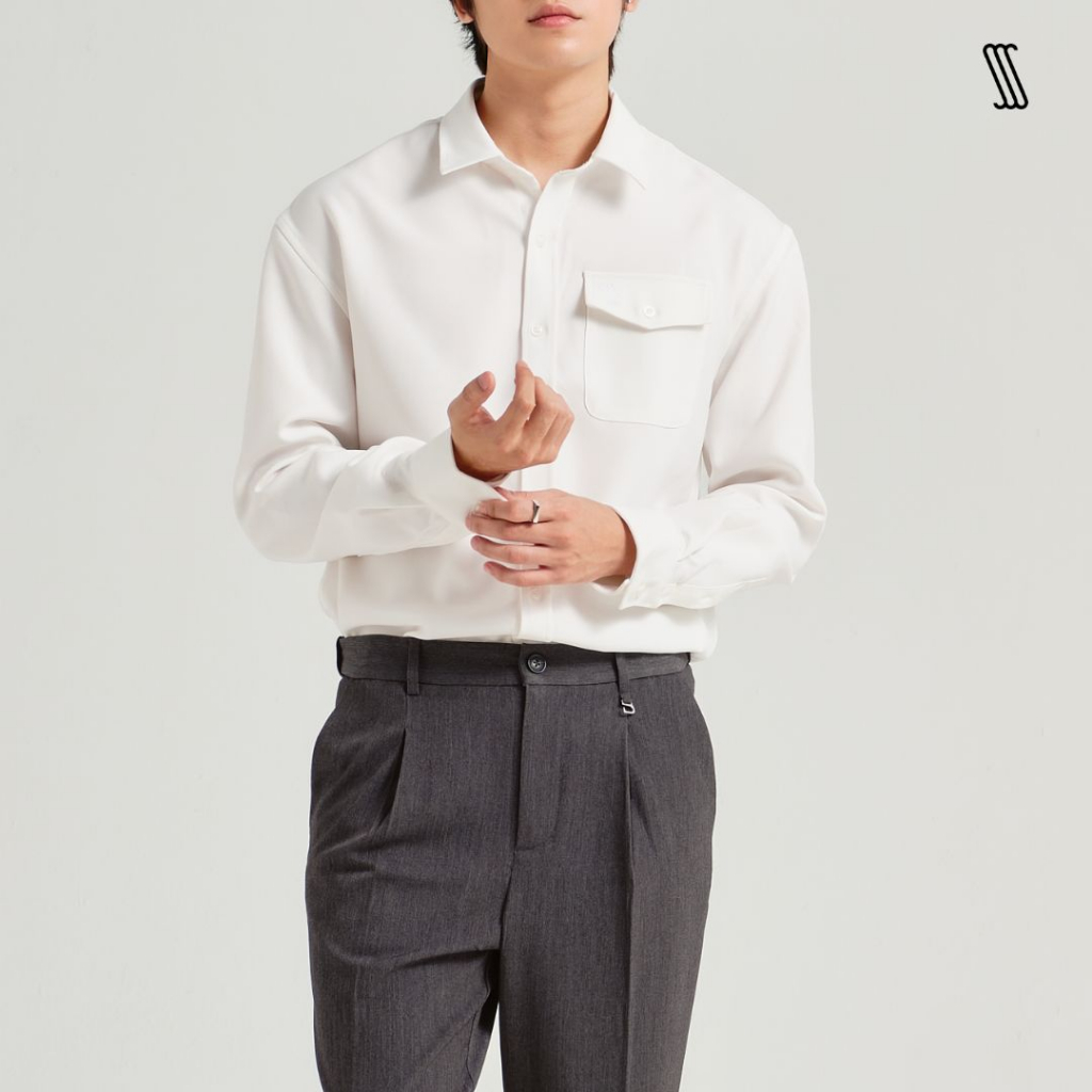 Áo sơ mi cổ đức tay dài có túi nam SSSTUTTER dáng regular thoáng mát đứng form POCKET SHIRT