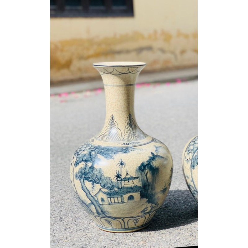 Tỏi cổ nhỏ cao 45cm gốm sứ Bát Tràng cao cấp men rạn hoạ tiết phong cảnh