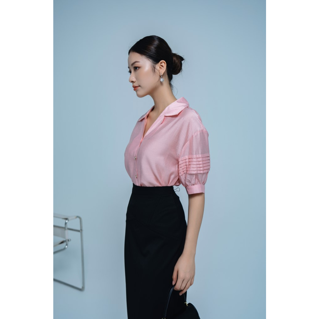 Áo sơ mi nữ SPEARL thiết kế cỏ 2 ve, tay cộc dáng suông vải tơ thô - 23SF26818069