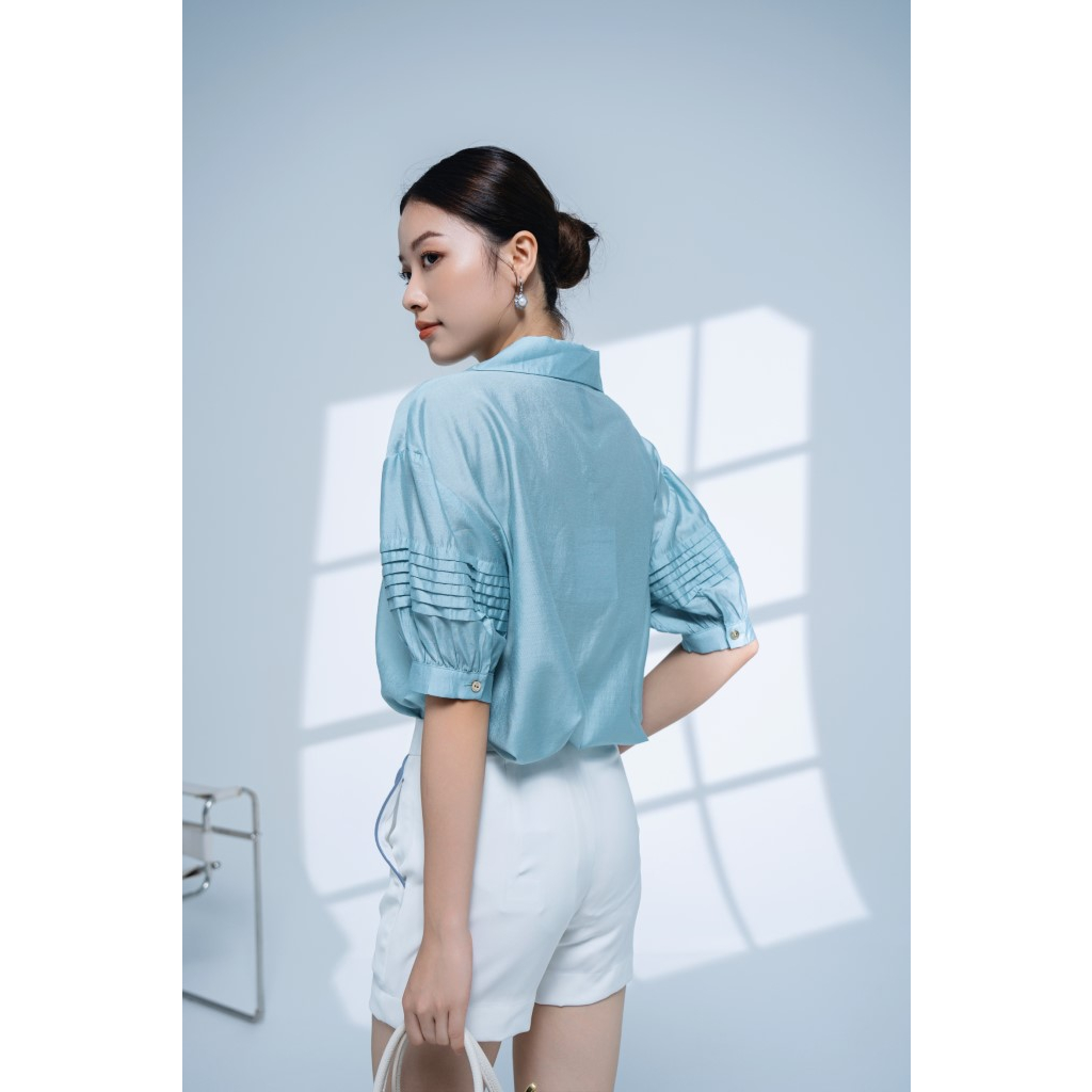 Áo sơ mi nữ SPEARL thiết kế cỏ 2 ve, tay cộc dáng suông vải tơ thô - 23SF26818069