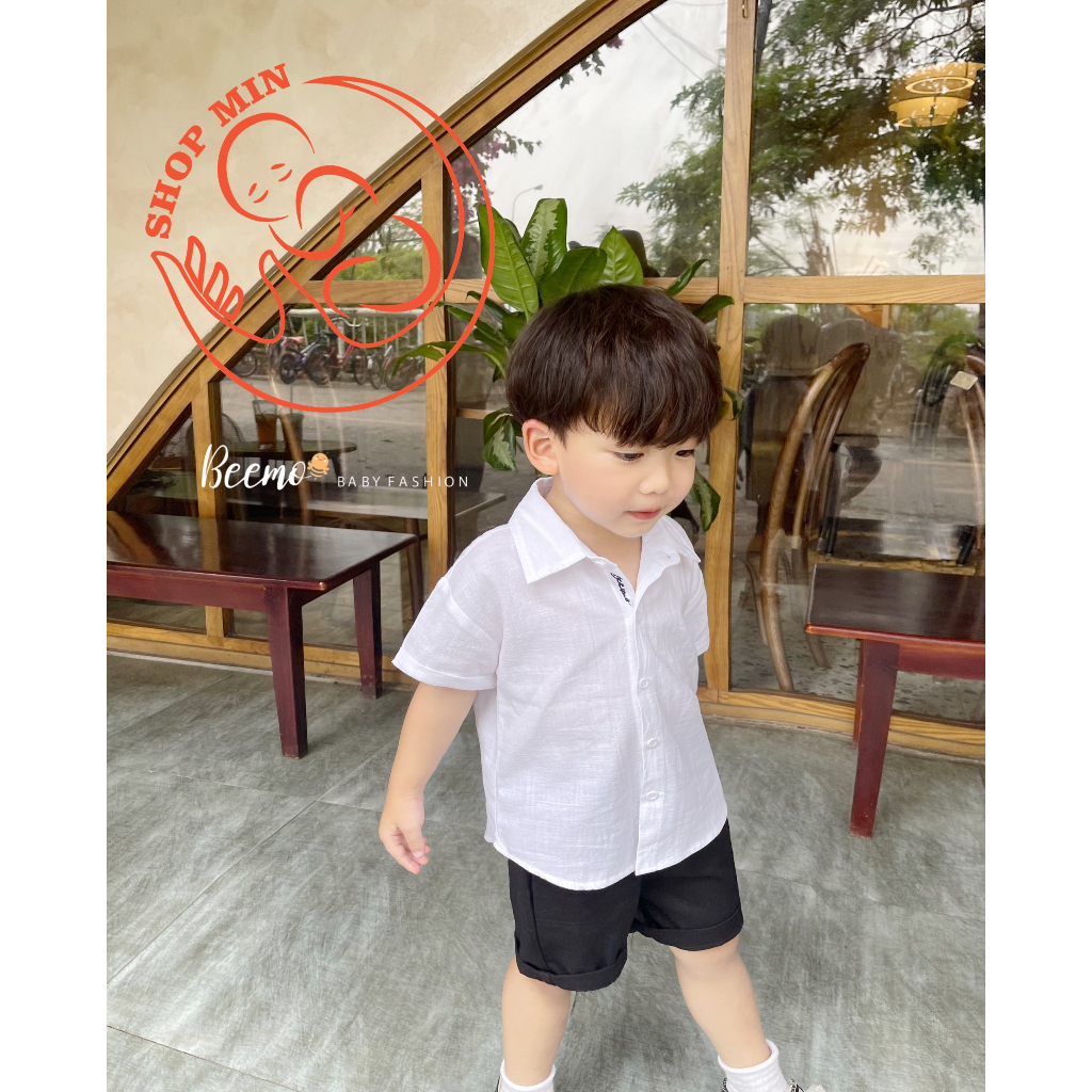 (Hàng mới về) Áo sơ mi trắng Beemo thêu, Áo sơ mi Beemo cho bé đi học, đi chơi, chất đũi mềm thoáng mát (MB.V108)