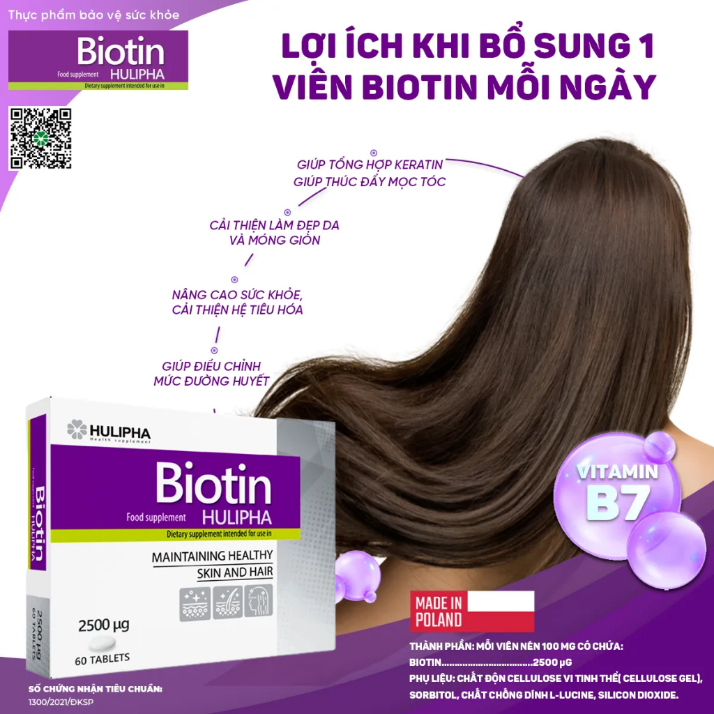 BIOTIN HULIPHA - Bổ sung Biotin cho cơ thể, tốt cho da, móng và tóc, giúp giảm tình trạng gẫy, rụng tóc.