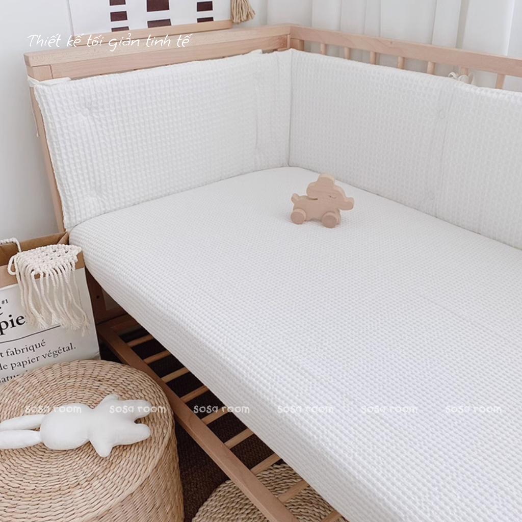 Miếng quây cũi cho bé, vải waffle thông thoáng, trần bông hữu cơ, quây đơn dài 200cm/240cm