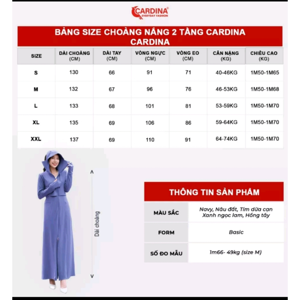 Áo Chống Nắng Toàn Thân 2 tầng Cao Cấp Cardina Mẫu Mới 2023 Có Lưới Tải Nhiệt
