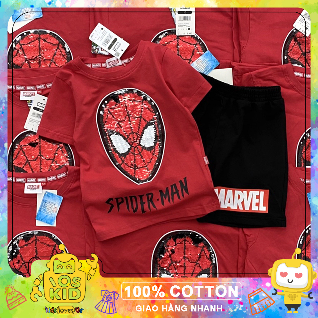 Set bộ Spiderman cườm đỏ dư xịn cho bé trai size từ 14-40 cân