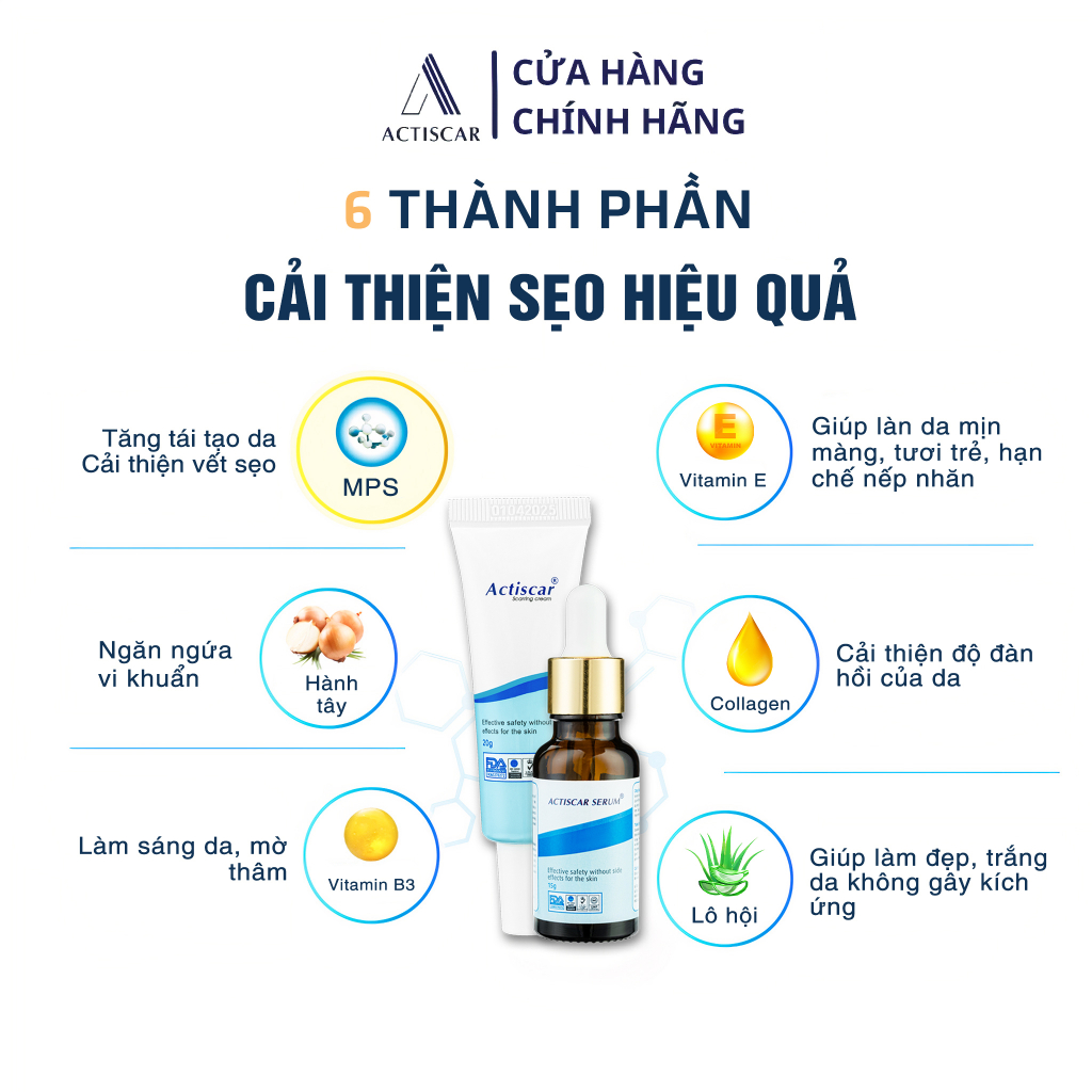 Bộ Kem & Serum xóa sẹo Actiscar làm mờ sẹo lồi, sẹo rỗ, sẹo thâm mun, sẹo lõm lâu năm nhanh chóng tại nhà