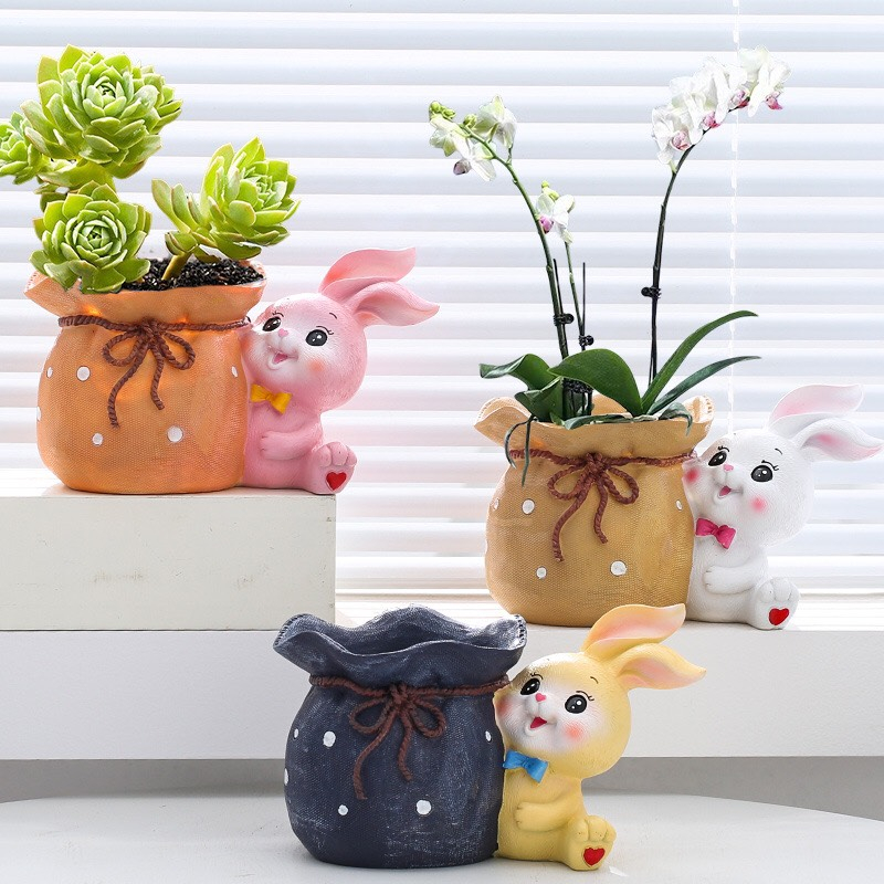 CHẬU THỎ TÚI TRỒNG SEN ĐÁ - CÂY PHONG THỦY, CẮM HOA KHÔ, ĐỂ BÀN, DECOR