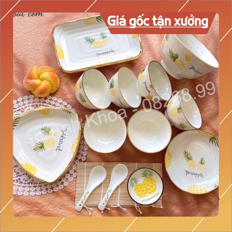Sale - Sét Chén Dĩa Dễ Thương Đĩa Sứ Sét Bát Đĩa Decor, Bát Ăn Cơm Chén Sứ Họa Tiết Quả Dứa xinh yêu-gs Nhật Minh
