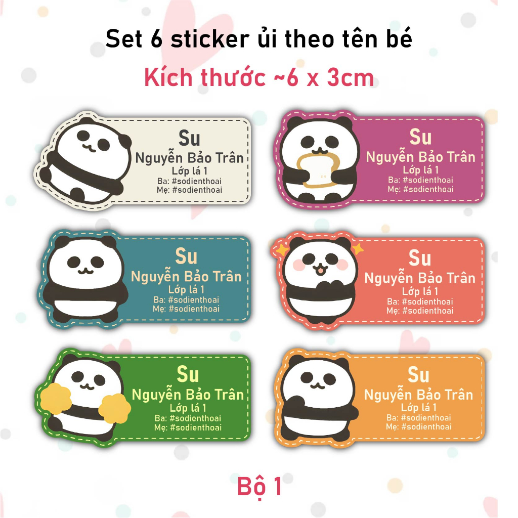 Bộ 6 Sticker Ủi In Tên Bé Mẫu Gấu Trúc - Sticker Ủi Quần Áo, Ba lô, Chăn Gối Đánh Dấu Đồ Dùng Cá Nhân Cho Bé