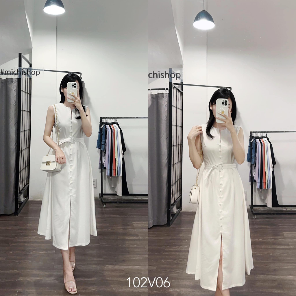 Váy midi sát nách kèm belt xuất dư - 102V06