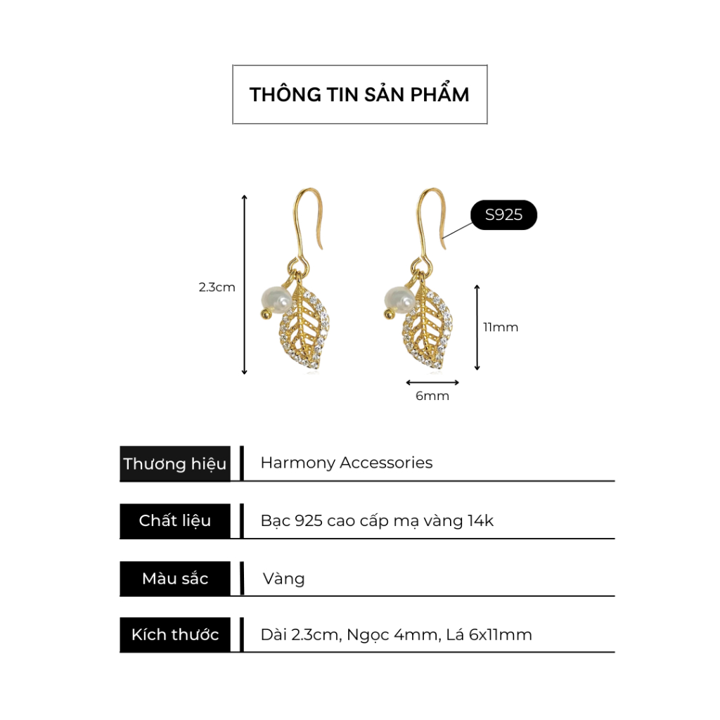 Khuyên tai nữ bạc dài mạ vàng mặt lá đính hạt trai nhân tạo cực xinh, sang chảnh | HARMONY ACCESSORIES K46