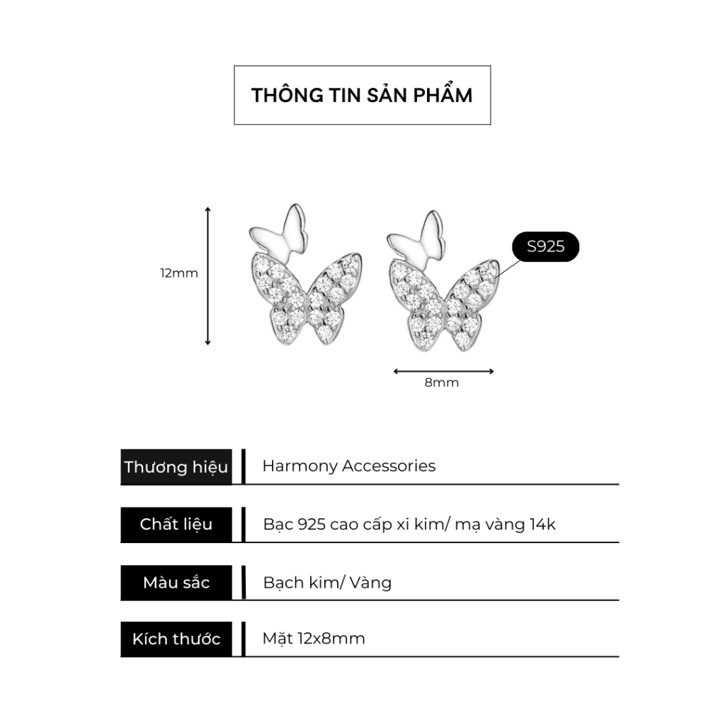 Khuyên tai nữ bạc hồ điệp hình bướm đính đá nhỏ nhắn, đáng yêu, điệu đà | HARMONY ACCESSORIES K34