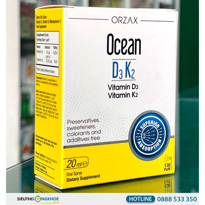 OCEAN D3 K2 xịt/nhỏ giọt 20 ml từ Orzax Italy- bổ sung vitamin D3 và K2