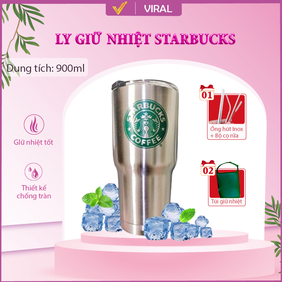 Ly Giữ Nhiệt LOGO STARBUCKS Dung Tích 900ml Nắp Chống Tràn Tặng Kèm Bộ Phụ Kiện 2 ống Hút, Cọ Rửa Và Túi Đựng Thời Trang