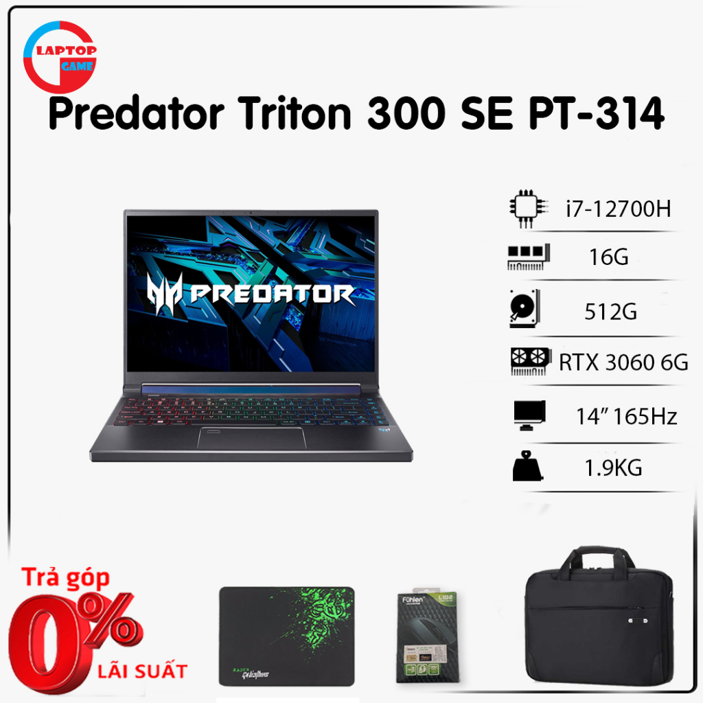 [Mới 100%] Laptop Acer Predator Triton 300 SE PT314-52s-747P (Core i7-12700H, 16GB, 512G, RTX 3060 6G, 14"FHD 165GHZ) | BigBuy360 - bigbuy360.vn