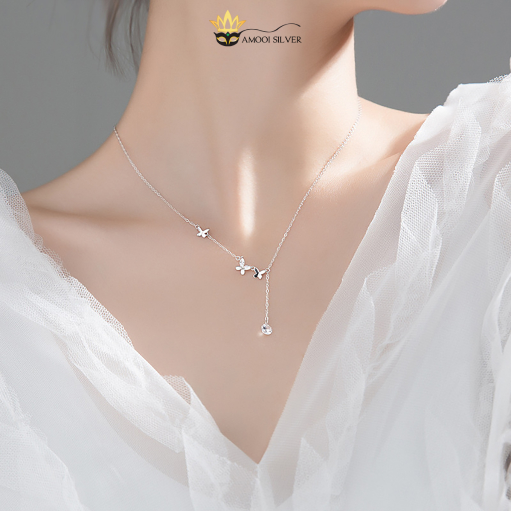 Dây Chuyền Bạc S925 Choker 3 Chú Bướm Đá Rơi - AMOOI SILVER AD193 -