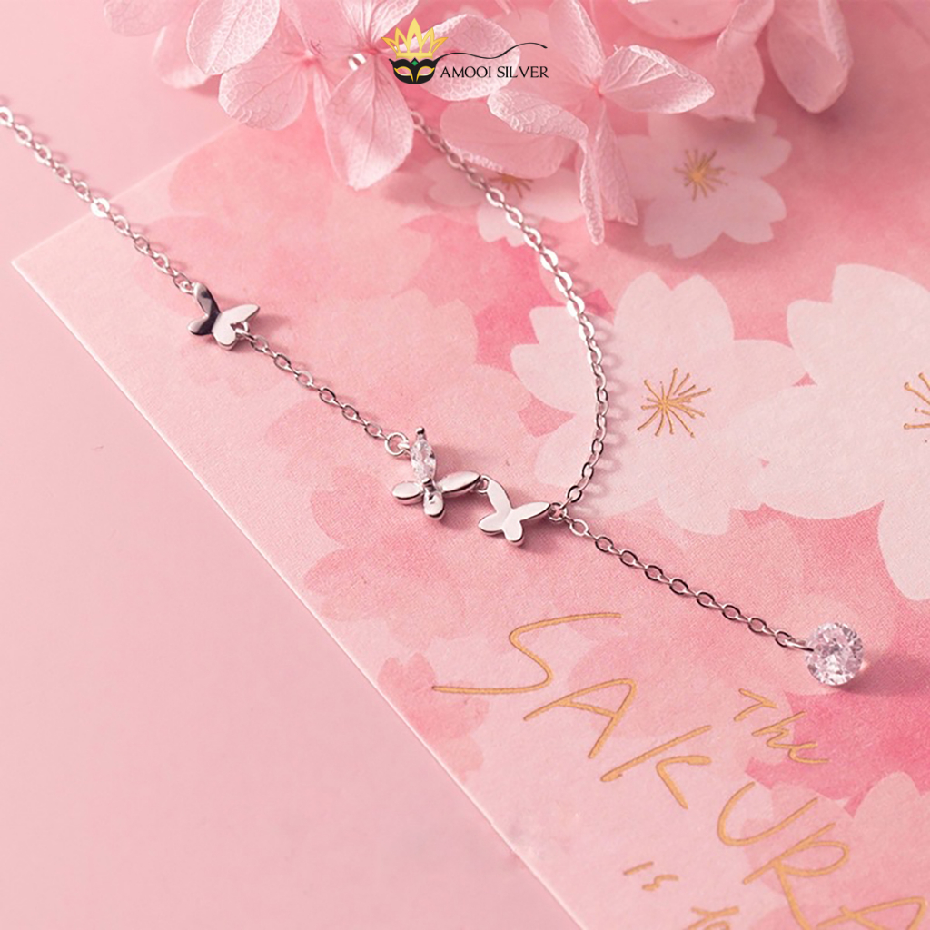 Dây Chuyền Bạc S925 Choker 3 Chú Bướm Đá Rơi - AMOOI SILVER AD193 -