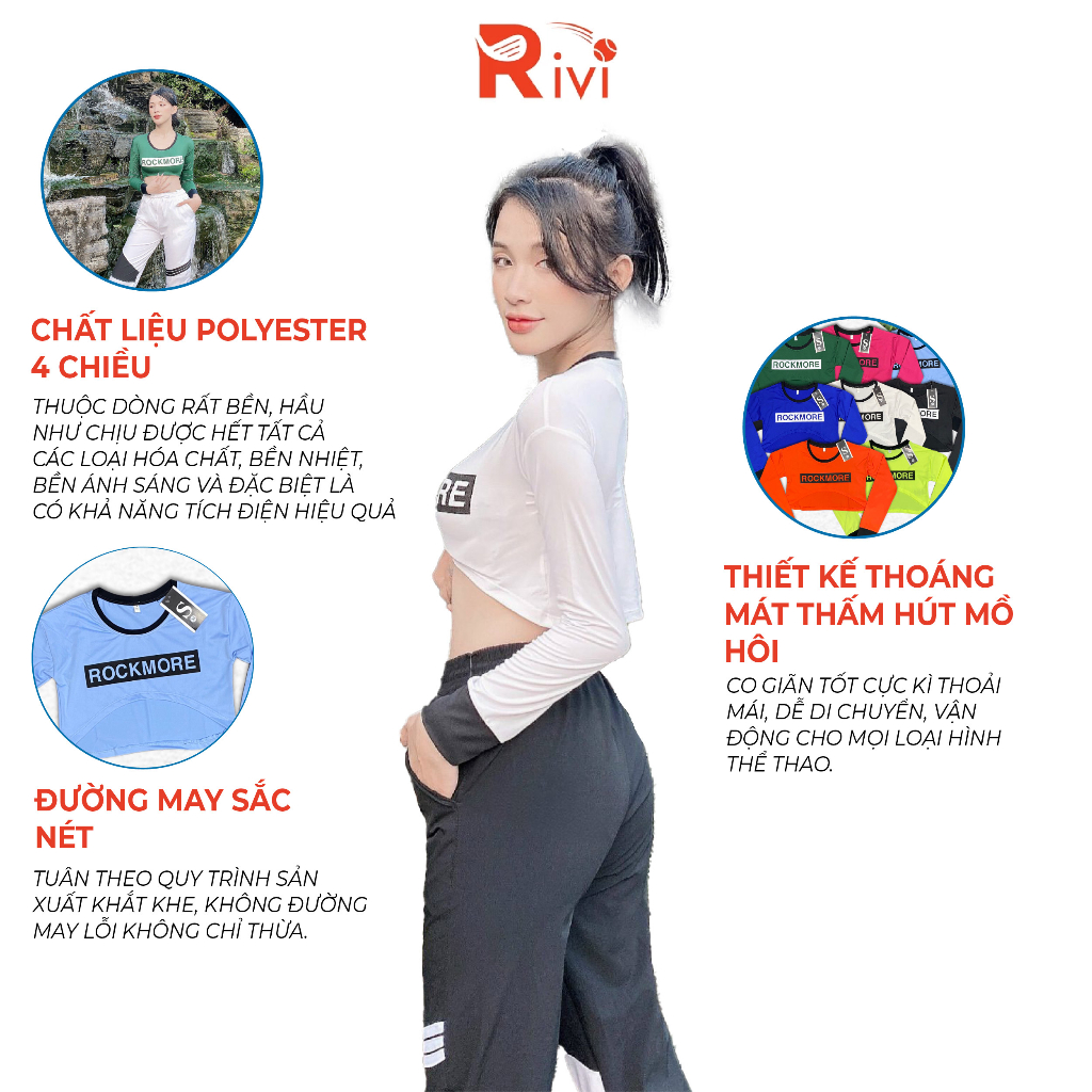 Áo Croptop Nữ dài tay Nữ RIVIO in hình Rockmore ôm Body vải Cotton co giãn thoáng mát thấm hút mồ hôi