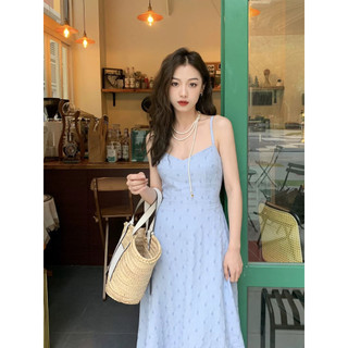 (HÀNG SẴN) Váy hai dây màu xanh maxi dáng dài điệu đà thon eo thắt dây sau lưng gợi cảm mùa hè