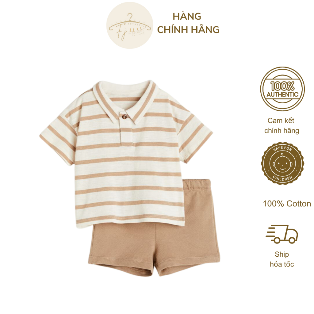 Bộ quần áo bé trai chính hãng HM, đồ bộ ngắn tay kẻ nâu chất cotton thoáng mát cho bé 9 tháng đến 4 tuổi Auth
