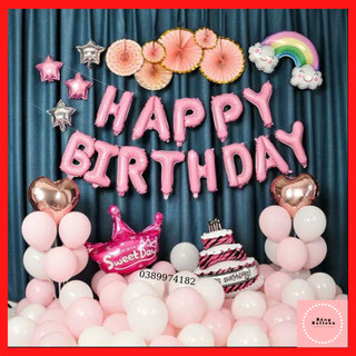 Bóng bay trang trí sinh nhật cho bé gái 🍓TẶNG BÓNG SỐ TUỔI🍓 Set bong bóng trang trí sinh nhật cho bạn gái màu hồng s10
