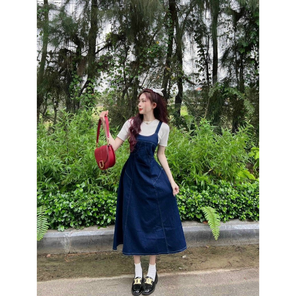 Set bộ yếm jean denim dáng dài kèm áo thun borip trắng đơn giản phong cách ulzzang siêu dễ thương