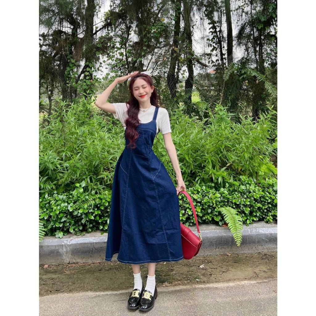 Set bộ yếm jean denim dáng dài kèm áo thun borip trắng đơn giản phong cách ulzzang siêu dễ thương