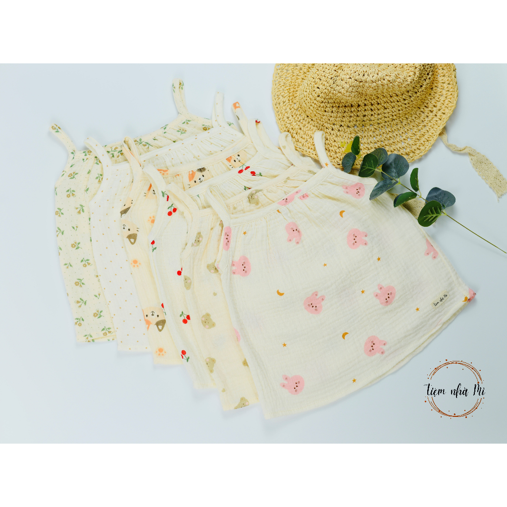 *Tiệm nhà Mì* Bộ 2 dây bé gái vải xô Muslin họa tiết đáng yêu