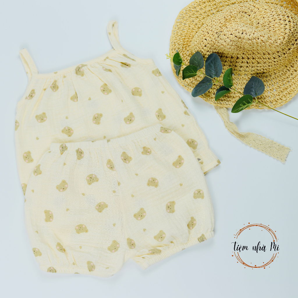 *Tiệm nhà Mì* Bộ 2 dây bé gái vải xô Muslin họa tiết đáng yêu