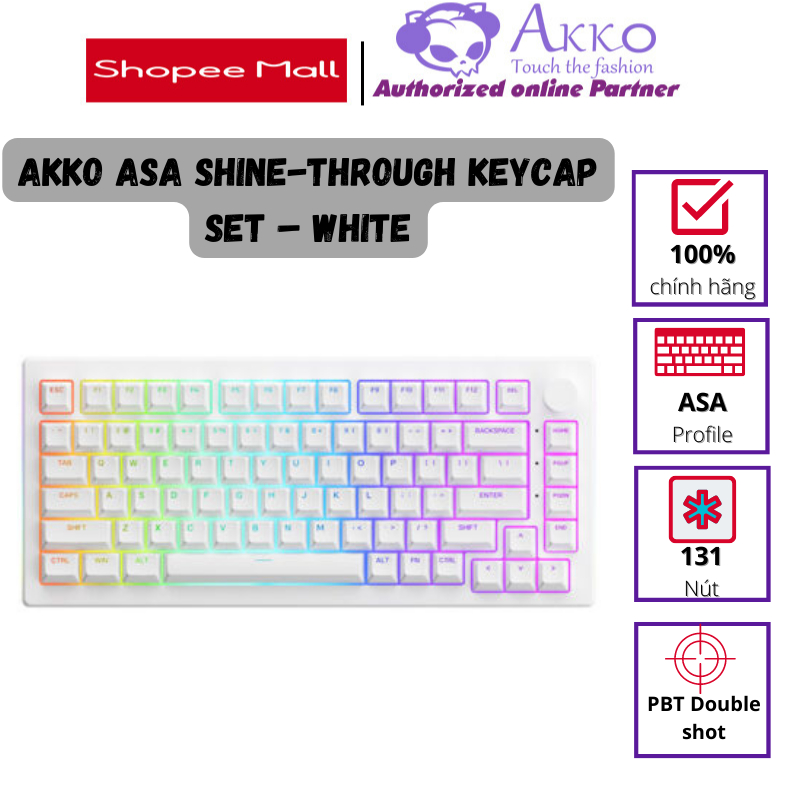 Bộ Keycap AKKO ASA Shine-Through Keycap set – White (Xuyên LED / ASA profile / 131 nút)