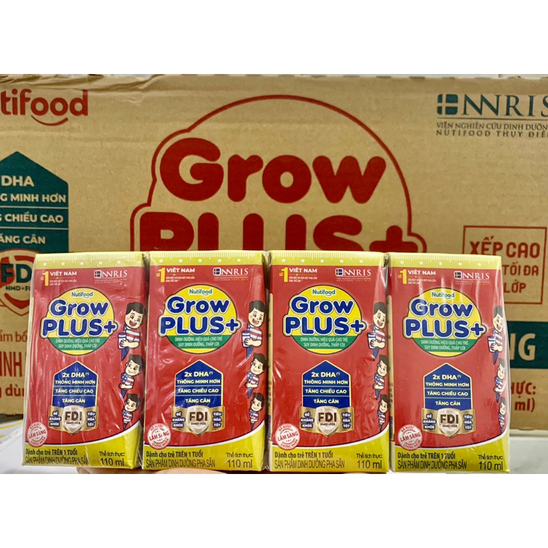 Thùng sữa Grow Plus+ Nutifood Xanh/ Đỏ Có đường/ Ít đường 48 hộp 110ml (HSD 10/24)