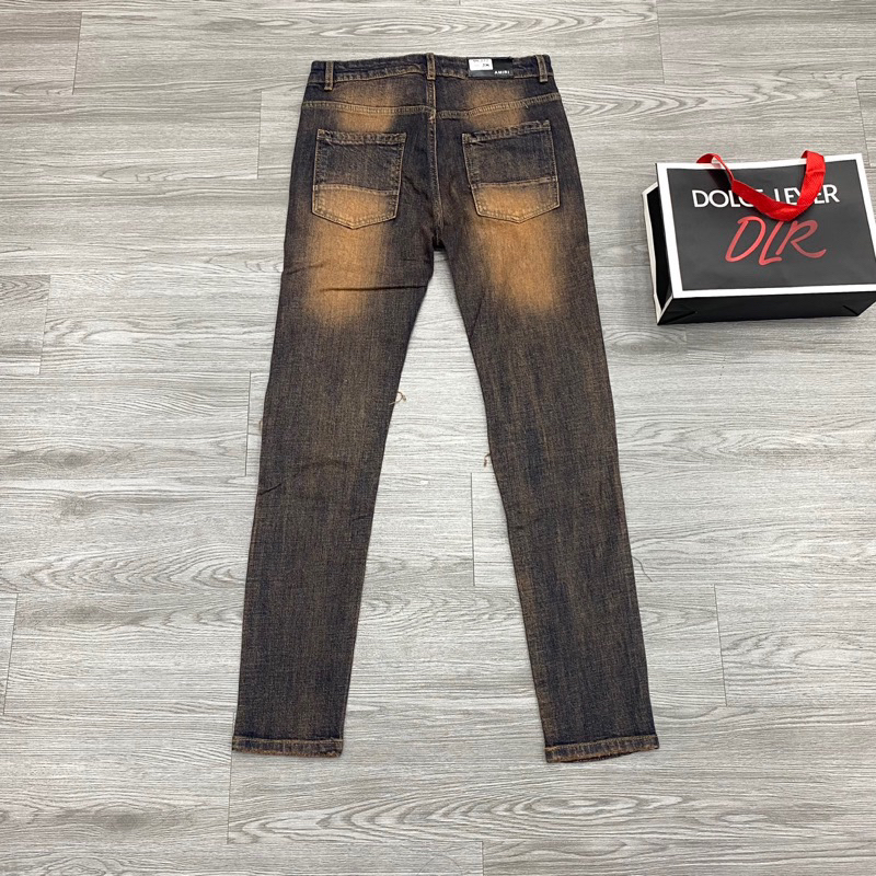 Quần jean boy phố amiri vá da nhăn đen wash rách tua,quần bò amiri 4 cúc vá da nhăn cứng wash màu nâu phong cách phố bụi