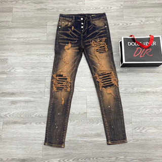 Quần jean boy phố amiri vá da nhăn đen wash rách tua,quần bò amiri 4 cúc vá da nhăn cứng wash màu nâu phong cách phố bụi