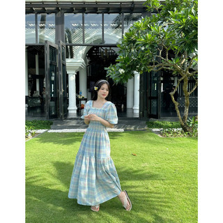 Đầm Maxi Kẻ Caro Cổ Vuông Tay Bồng Dáng Xòe Hàng Quảng Châu V4078