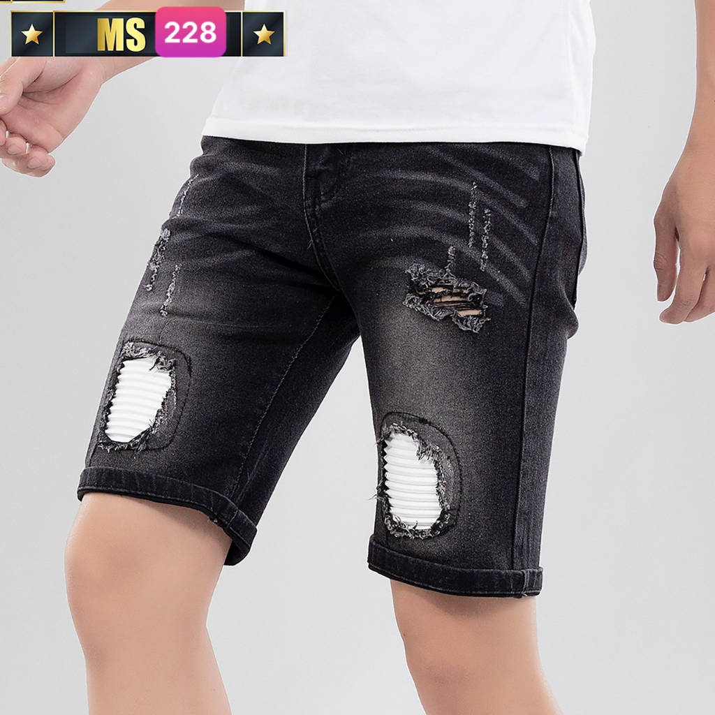 Quần Short Jean, Đùi Rin Nam Đen Rách Sơn Co Giãn 4 chiều M113