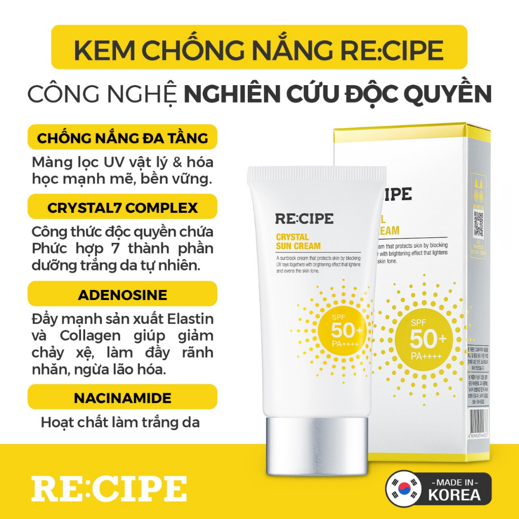 Kem Chống Nắng RECIPE Crystal Sun Cream SPF50+ PA++++ Dưỡng Trắng Nâng Tông Chống Nước 50ml