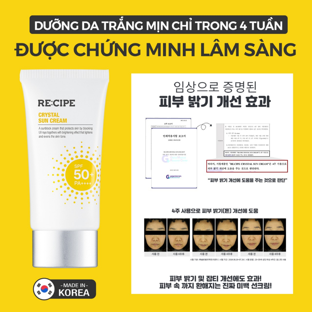 Kem Chống Nắng RECIPE Crystal Sun Cream SPF50+ PA++++ Dưỡng Trắng Nâng Tông Chống Nước 50ml