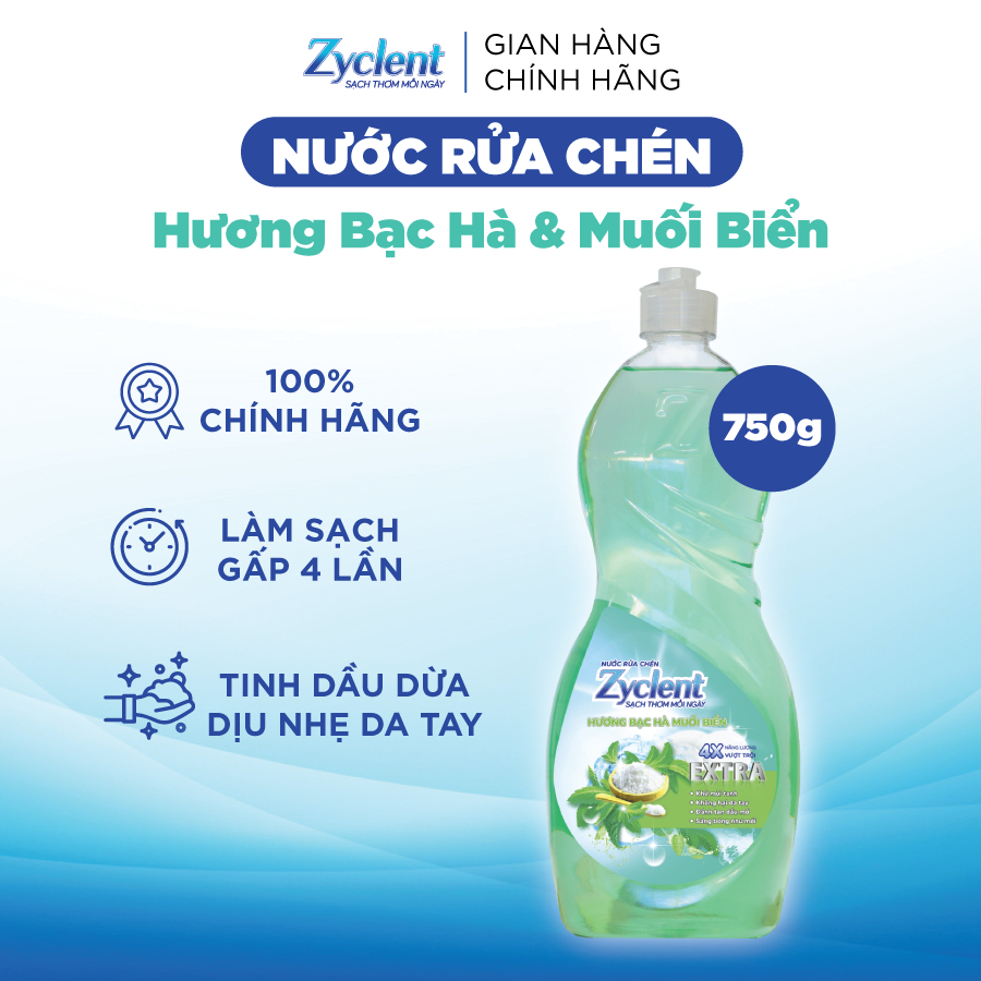 Nước Rửa Chén Zyclent Extra Hương Bạc hà Muối biển 750g